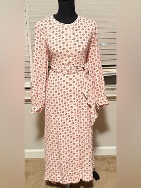 J.Crew BA924 Pink Print Midi Dress Small Tie Waist Button Front Long Sleeve NWT